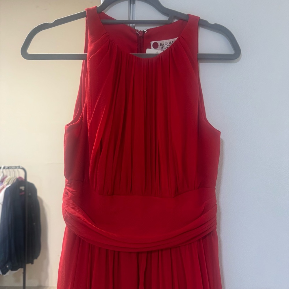 Badgley Mischka Collection Red Pleated Halter Dress
